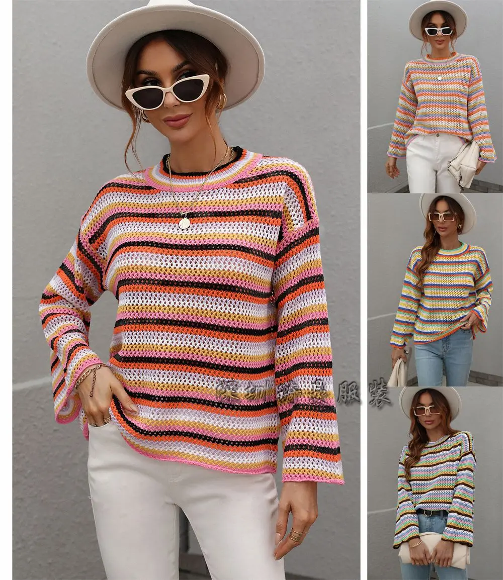 

2022 autumn and winter new style stitching knitted sweater women loose two-color round neck striped sweater women