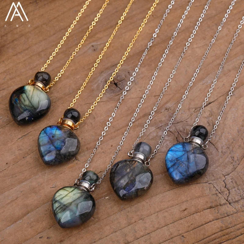 Rainbow Labradorite Essential Oil Bottle Perfume Bottle Pendant Necklace Fashion Women Heart Gem Stone Jewelry Gift Dropship