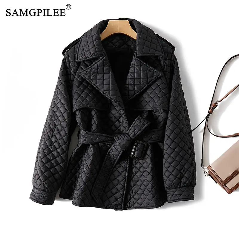 Diamond Shaped Slim Black Padded Coat Winter 2022 European Fashion Mid Length Waist Turn Down Collar Padded Jacket Woman 4XL