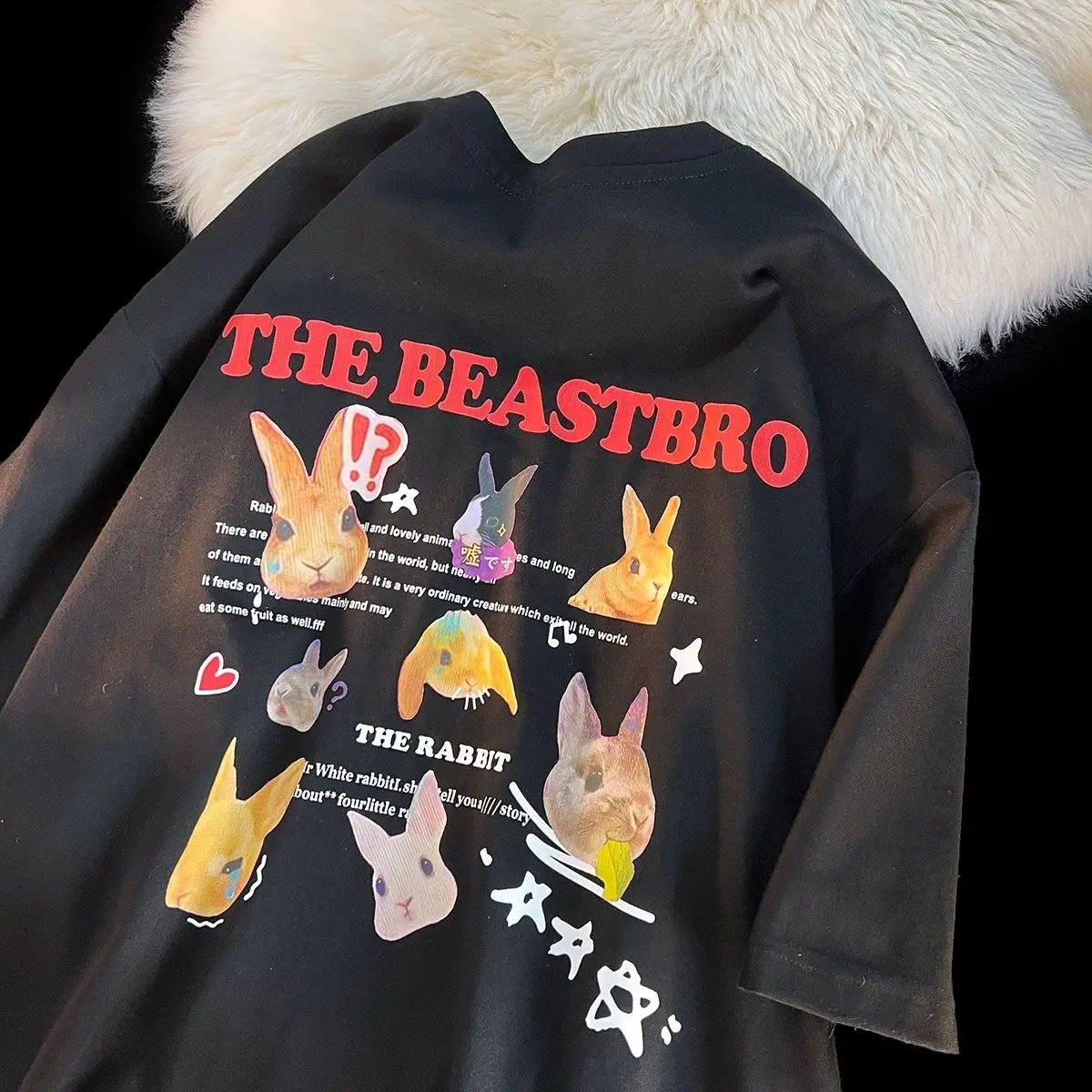 

China-Chic Rabbit Letter Printing Design Heavy Weight Short Sleeve T-shirt Summer Cotton Loose Thin Half Sleeve Ins Fashion top