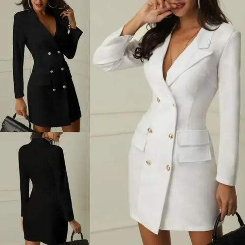 2022 Autumn New Women's Suit, Black and White V-neck Double Breasted Suit Coat Dress, Temperament Commuter Coat