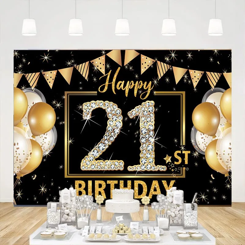 

Happy 21st Birthday Backdrop Party Decorations Banner Her Him Black Gold Twenty-one Photography Background Photo Booth Props