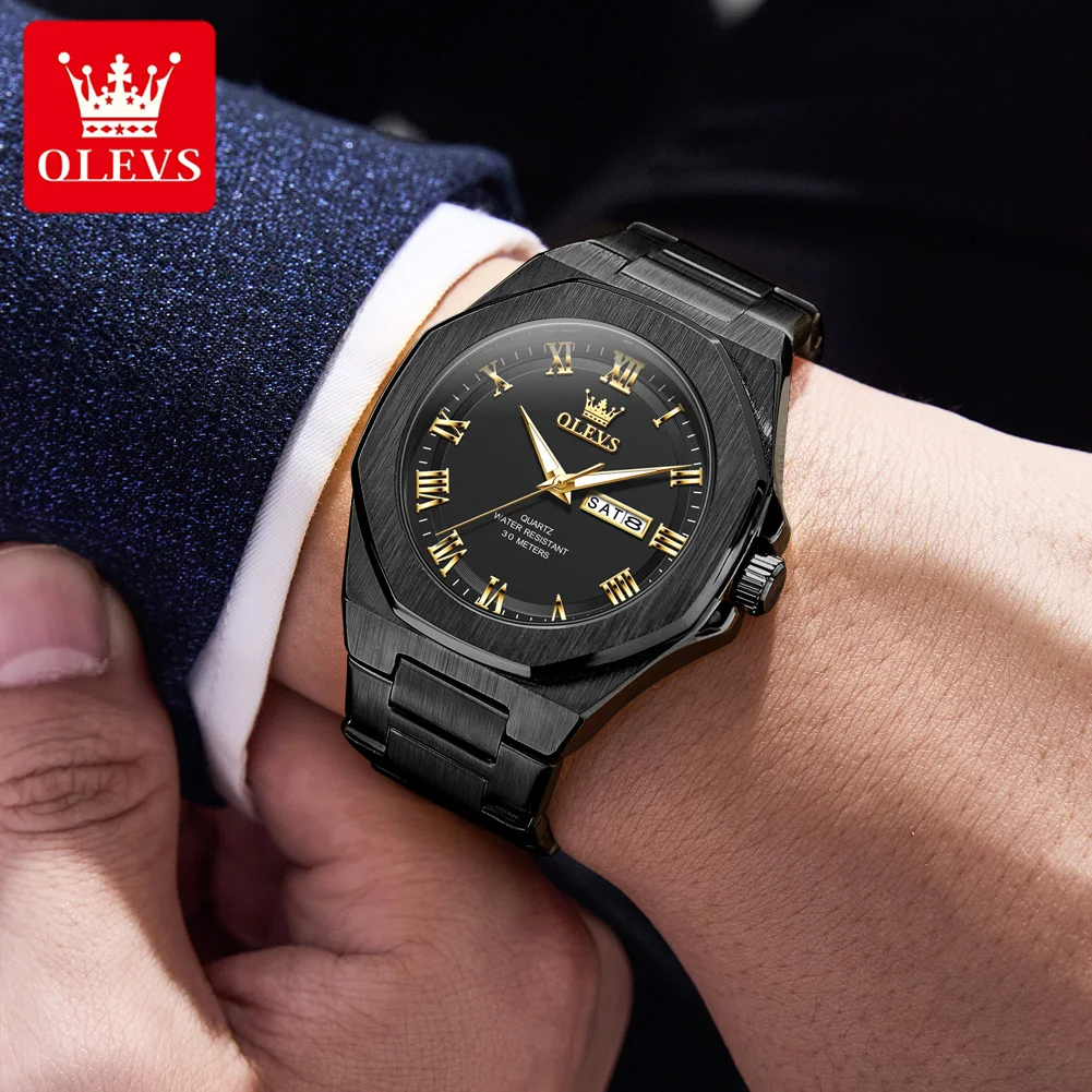 Фото Мужские часы OLEVS Original Brand, деловые кварцевые часы с двойным календарем, водонепроницаемые, с римскими цифрами и люминесцентным покрытием. №3