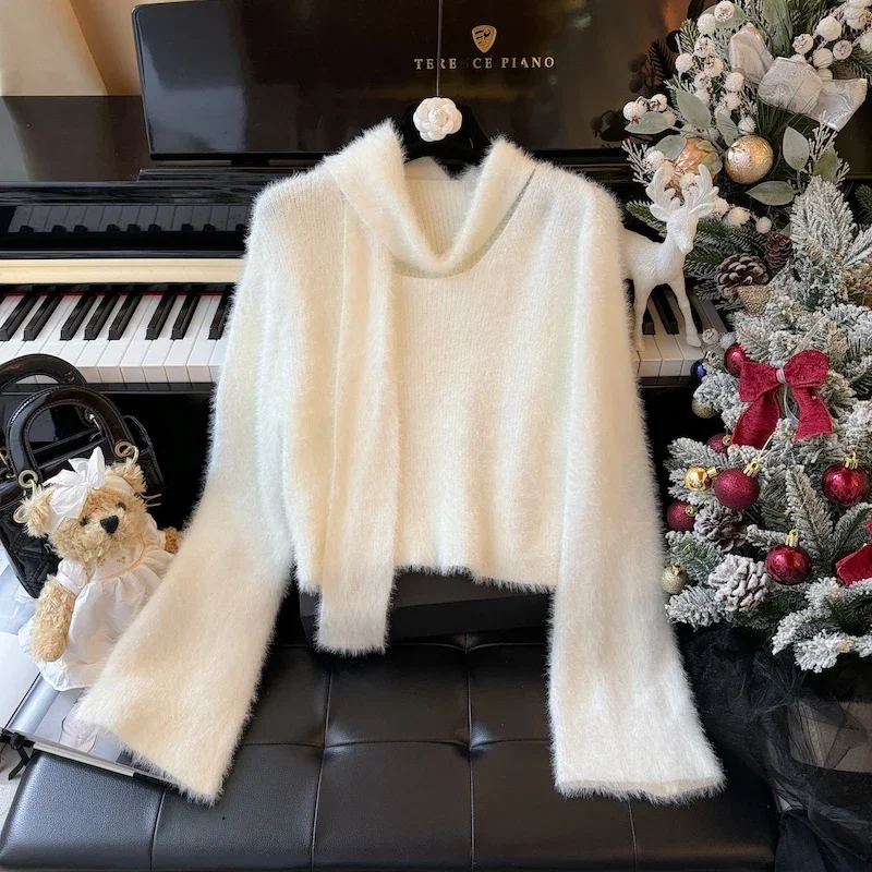 Bomon 2024 осенне-зимний французский нежный свитер с круглым вырезом и длинными