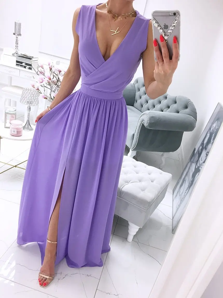 

Women Sleeveless Chiffon Maxi Summer Dress Sexy Deep V Neck Front Split Elegant Pink White Party Holiday Long Dresses Vesidos