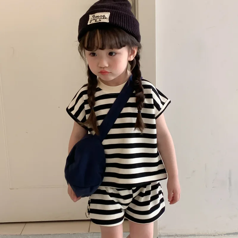 

5261C Korean Children Clothing Set 2023 Summer New Striped Girl's Suit Bow Short Sleeve T-shirt +Short Two Piece Set