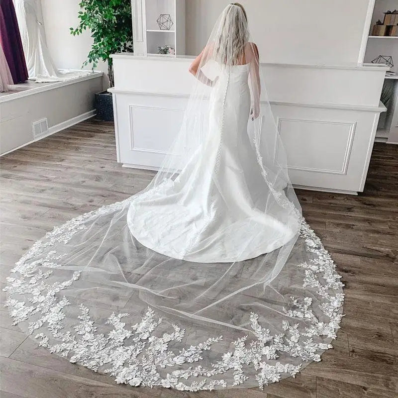 

Charming 3M Long Wedding Veils With Lace Applique Edge One Layer Round Cathedral Length Veils With Comb Soft Chapel Bridal Veil