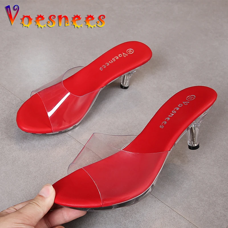 

Designer Women Shoes Mule High Heels Slippers Transparent Sandals Sexy Crystal Low Heels Pointed toe Slides Party Shoes Woman