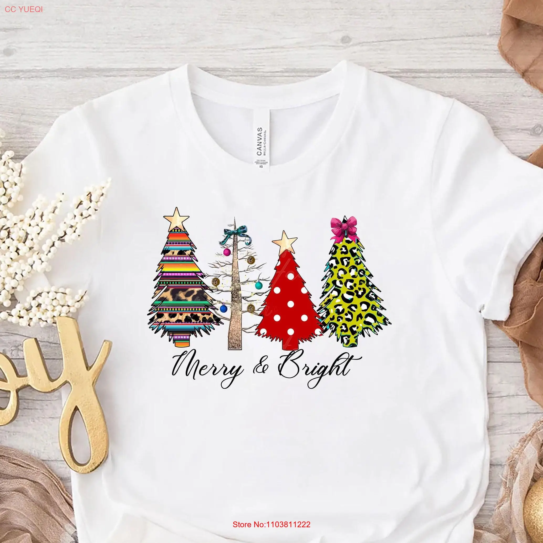 Merry Christmas T Shirt for Woman Trendy Holiday Winter Lover Santa Snowman Serape Tree long or short sleeves