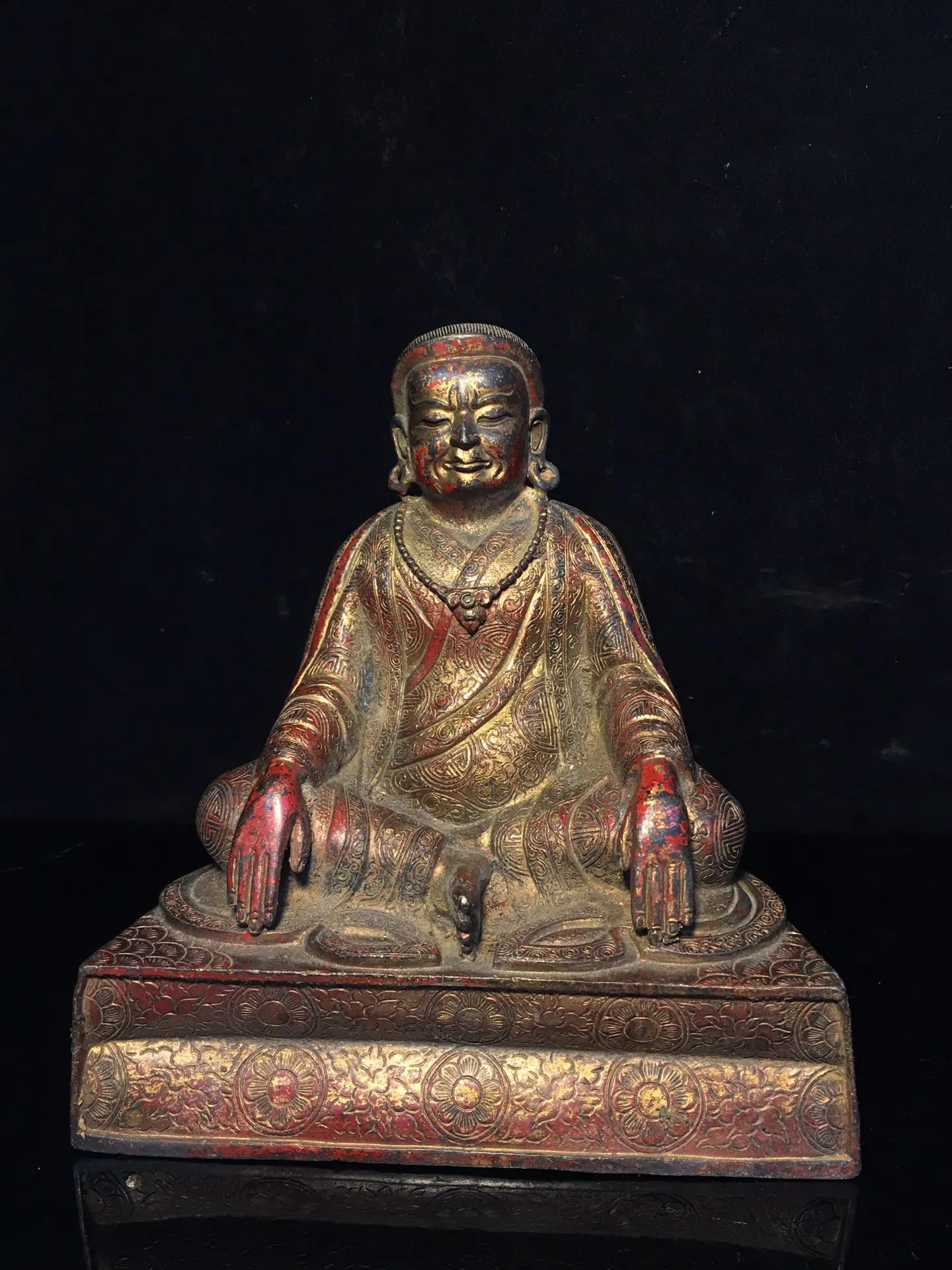 

8"Tibetan Temple Collection Old Bronze Cinnabar Mud gold Guru Buddha Buddhist teacher Buddha Terrace worship hall Town house