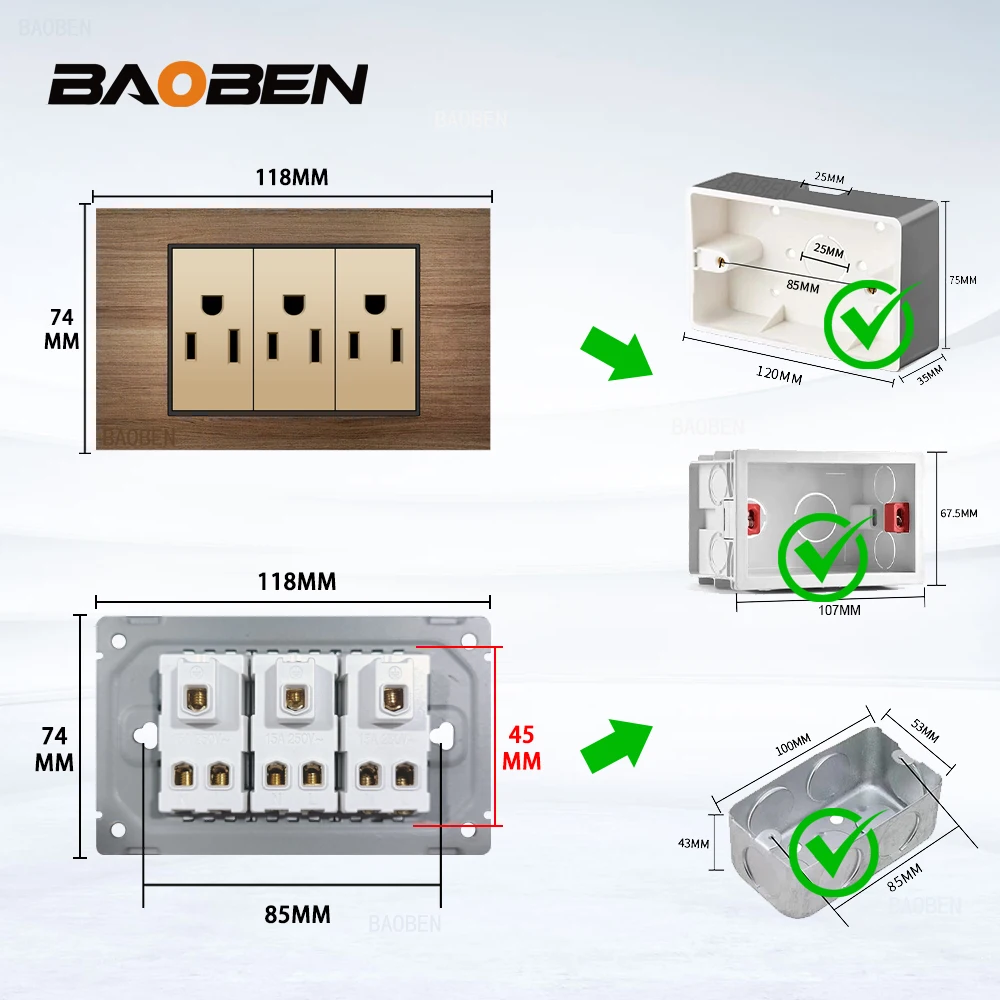 BAOBEN Золотая алюминиевая деревянная розетка USb-C Стандартная США Мексика