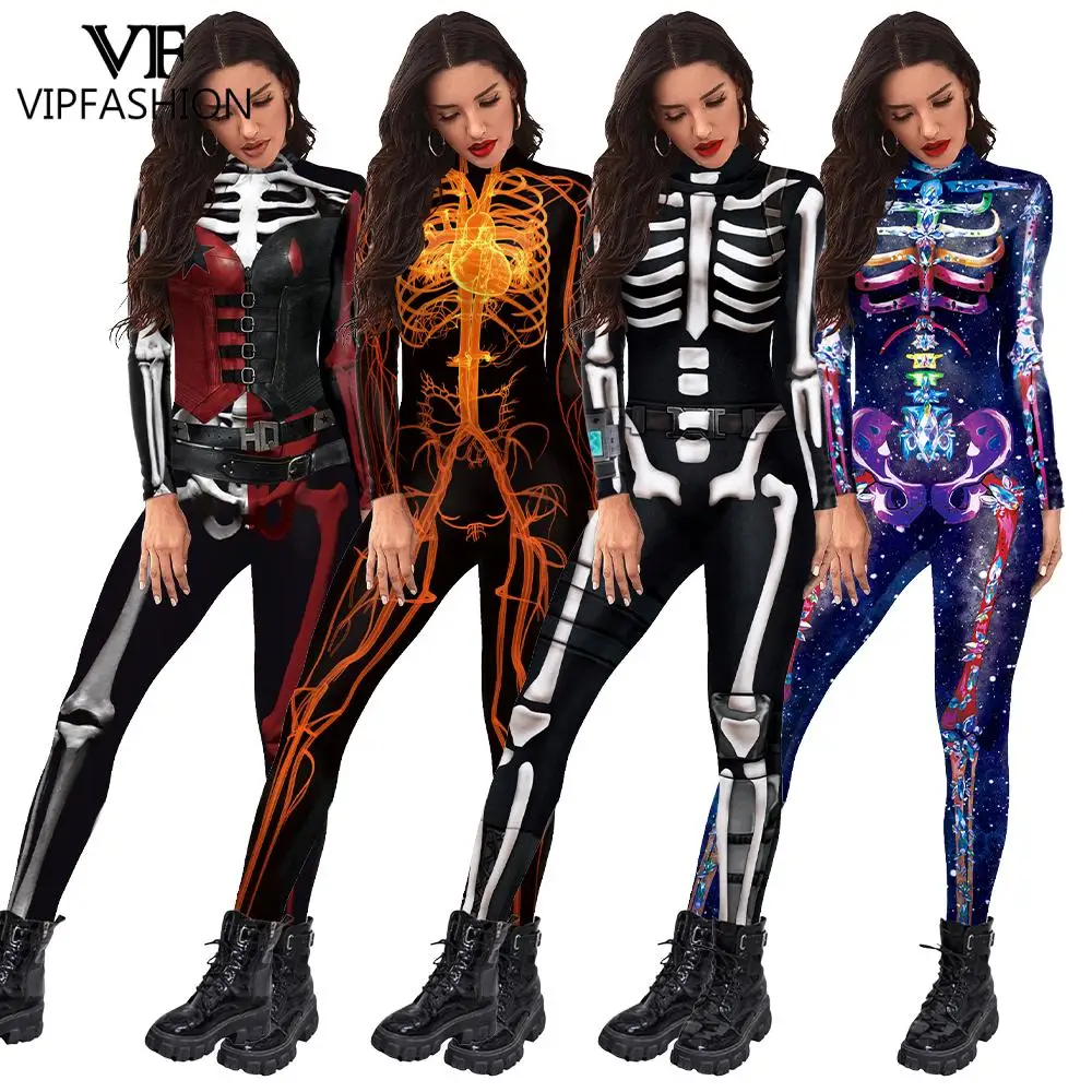 

VIP FASHION Halloween Skeleton Cosplay Costume for Women Carnival Zentai Bodysuit Female Spandex Jumpsuits Party Show Outfit