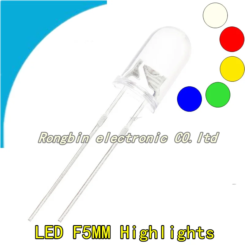 100pcs F5 5MM LED highlights, light-emitting diode F5 white, blue, yellow, green, red, purple, orange, short feet