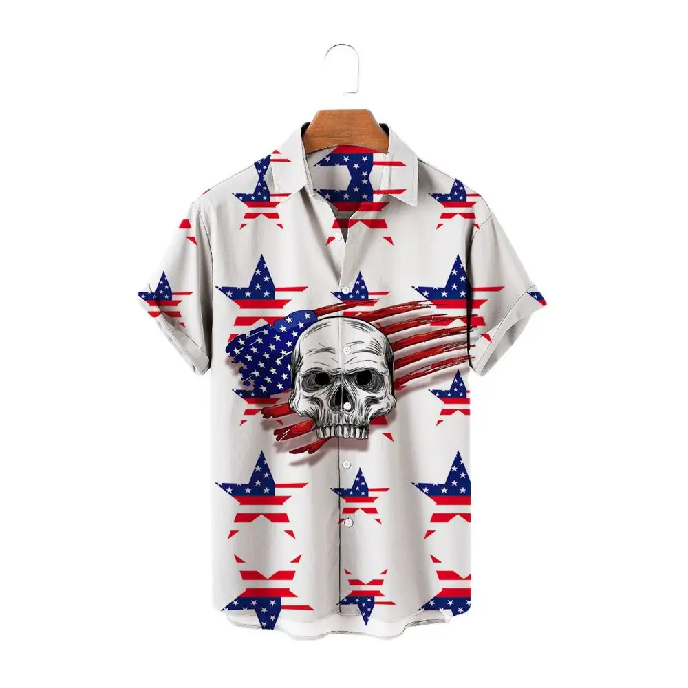 

2022 New Summer Fashion Ethnic Style American Flag Eagle Print Casual Shirt Men Short Sleeve Hawaiian Shirt