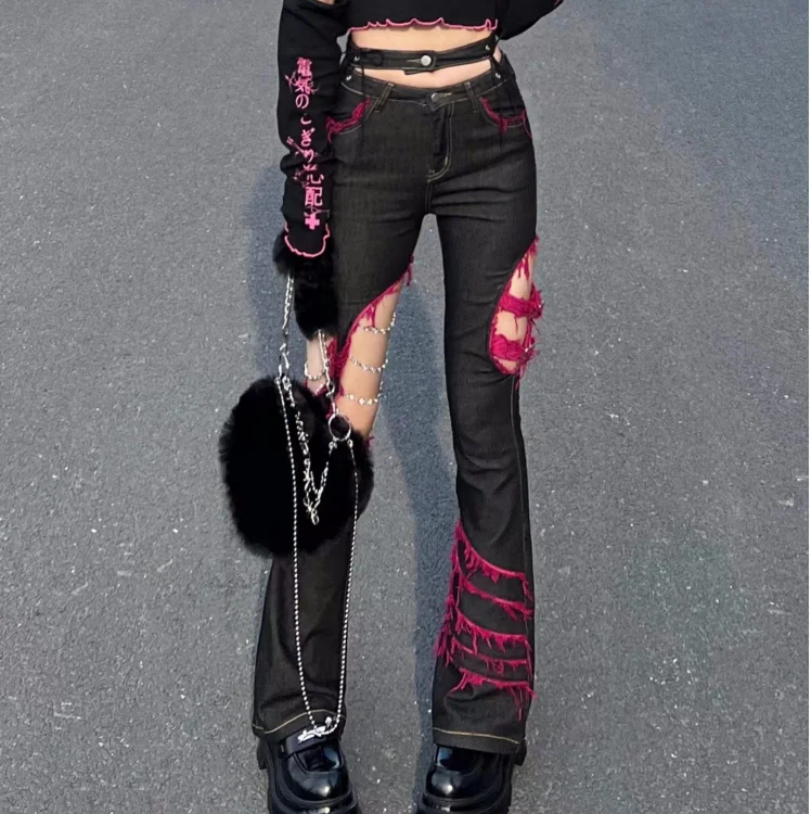 Japanese Punk Girl Black Jeans Subculture Hollow Out Diamond Chains Hot Girl Sexy Cowboy Sweet Cool Cute Slim Flare Denim Pants