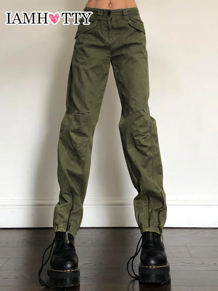 

Брюки-карго IAMHOTTY на молнии женские, зеленые мешковатые спортивные штаны с карманами, джоггеры, Повседневная Уличная одежда, винтажные штаны...
