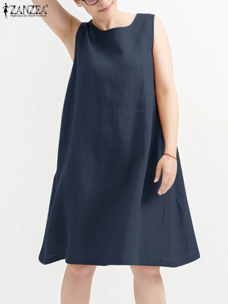 

Vintage Solid Tank Dress ZANZEA Women Causal Sleeveless Sundress Retro Cotton Dresses Oversize Kaftan Loose Vestido Female Robe