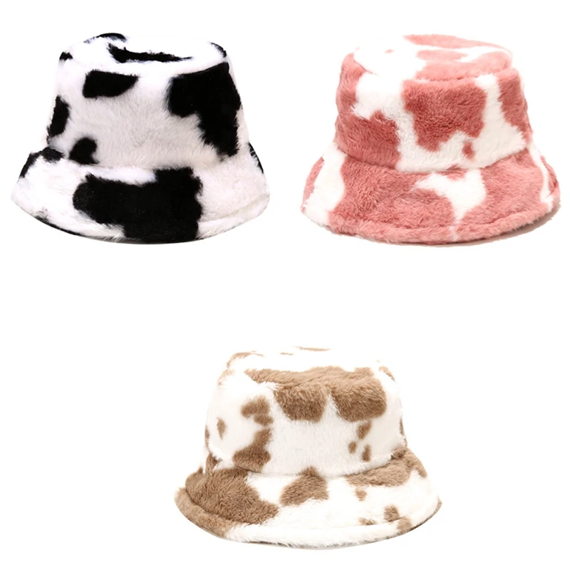 

Winter Plush Bucket Hats,Women Warm Hat For Tourism/Outdoor,Cow Print Fisherman Cap