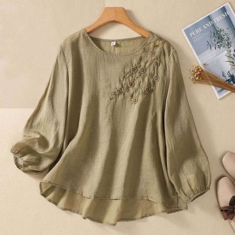

2023 Spring/Summer New Women's Clothing Cotton Embroidered Round Neck Long Sleeve T-shirt Retro Art Loose Pullover Tops