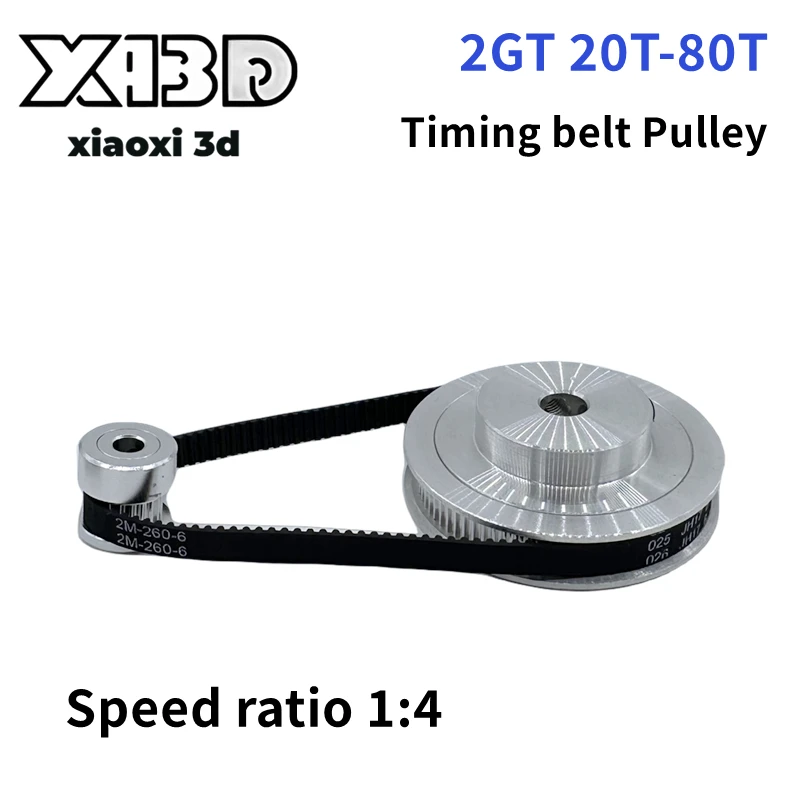 Комплект шкивов 80T, 20 зубов, 2GT, ширина ремня 6 мм, уменьшение 4:1 Отверстие 3 ~ 14 мм, синхронные колеса для 3D-принтера, комплект шкивов ГРМ 2M GT2