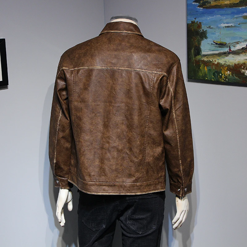 Autumn New Washed Leather jacket Men's Korean Sle Loose Lapel Outerwear Trendy Youth Handsome Casual Leather Coat