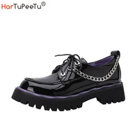 black platform shoes women genuine cow leather round toe chain lace up chunky sole ladies derby loafers handmade 2022 spring new