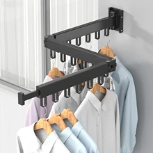 Folding Clothes Hanger Wall Mount Retractable Cloth Drying Rack Indoor & Outdoor Space Saving Aluminum Home Laundry Clothesline