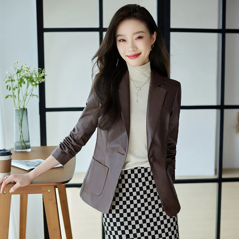 Coffee Color Leather Coat Skinny Suit Coat Women 2022 Autumn Korean Fashion Short Suit Coat Women Office Elegant Lady Suits