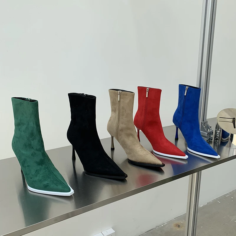 

Flock Women Ankle Boots Stretch Shoes Thin High Heels Party Pumps Green/Black/Khaki/Red/Blue Side Zipper Winter Autumn Boots 39
