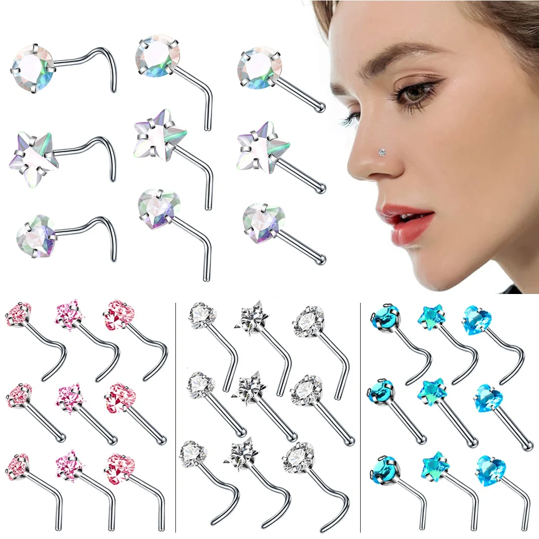 

3/9pc CZ Crystal Nose Studs Nose Ring Set Stainless Steel Star Heart Gem Nostril Piercing Diamond Nose Septum Rings for Women