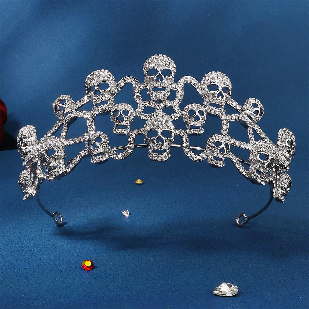 

Fashion Skull Crown Halloween Jewelry for Women Girls Princess Party Cospaly Headbands Rhinestone Tiaras Silver Color Hairbands