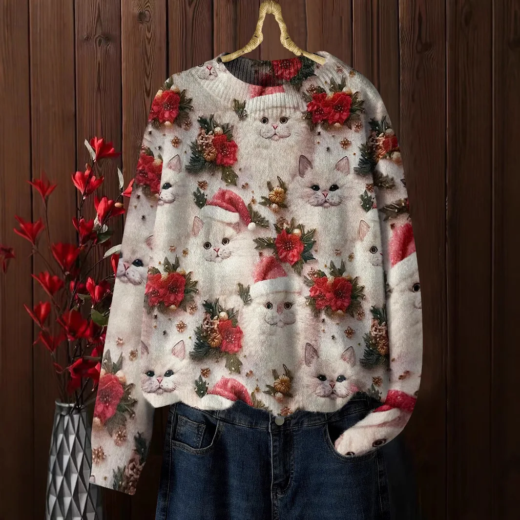 Рождественский вязаный пуловер с котом свитер для женщин круглый вырез длинный