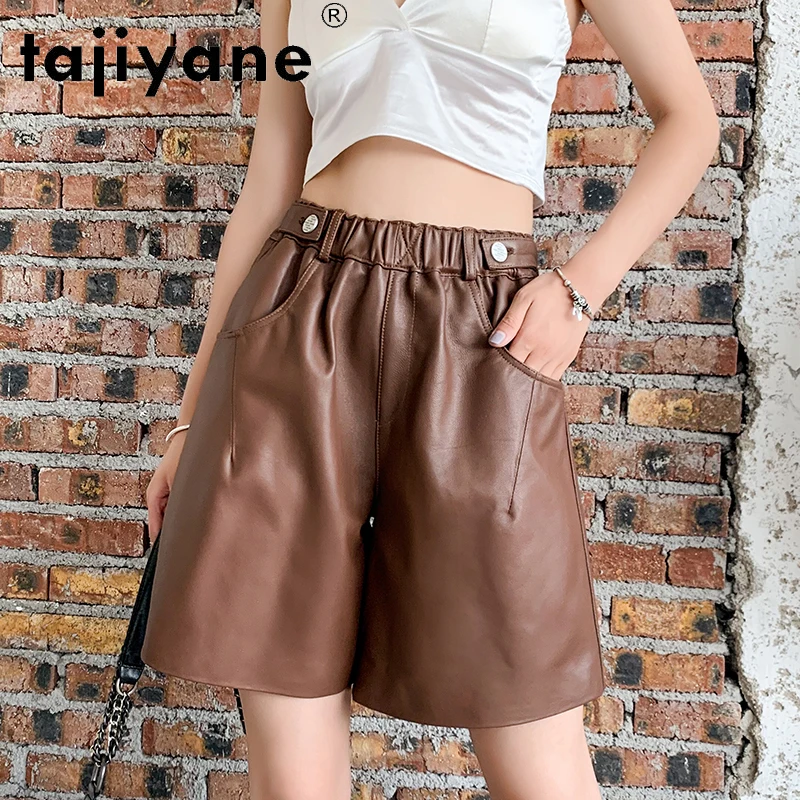 Tajiyane 2021 Autumn Genuine Leather Women's Five-point Pants Elastic High Waist Leather Shorts Loose Wide Leg Pants FCY156