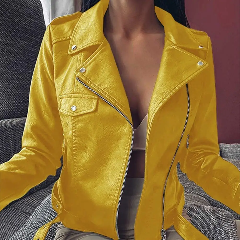 Motorcycle Jacket Solid Color Comfortable Windproof Women Faux Leather Motorcycle Clothing   Women Jacket  Streetwear