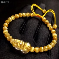 natural gold rutilated quartz crystal bracelet rutilated pi xiu pendant 15 68 68 2mm woman clear round beads jewelry aaaaaa
