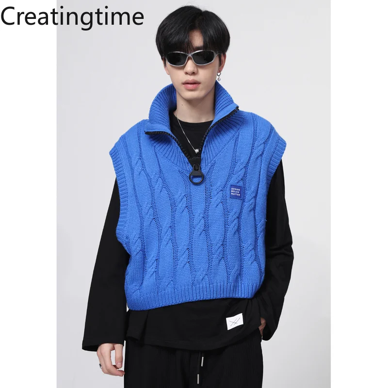 

Creatingtime 2022 Spring New Korean Trend Men's Loose Stand Collar Zipper Jacquard Klein Blue Knitted Vest Sweater GA420