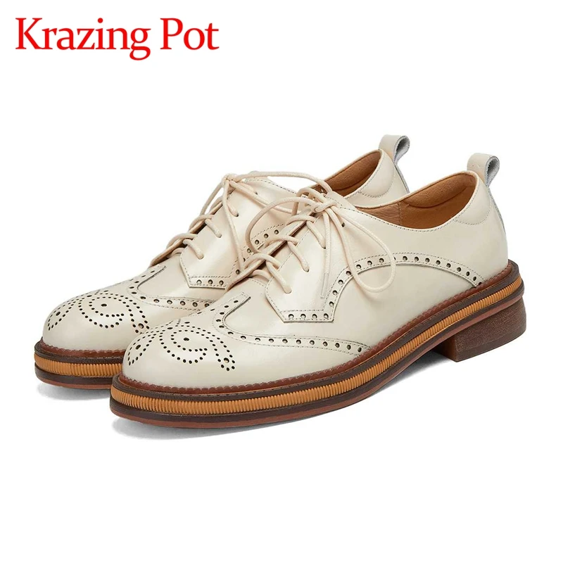 

Krazing pot natural leather round toe med heel England style young lady streetwear cross-tied three colors cozy women pumps L92