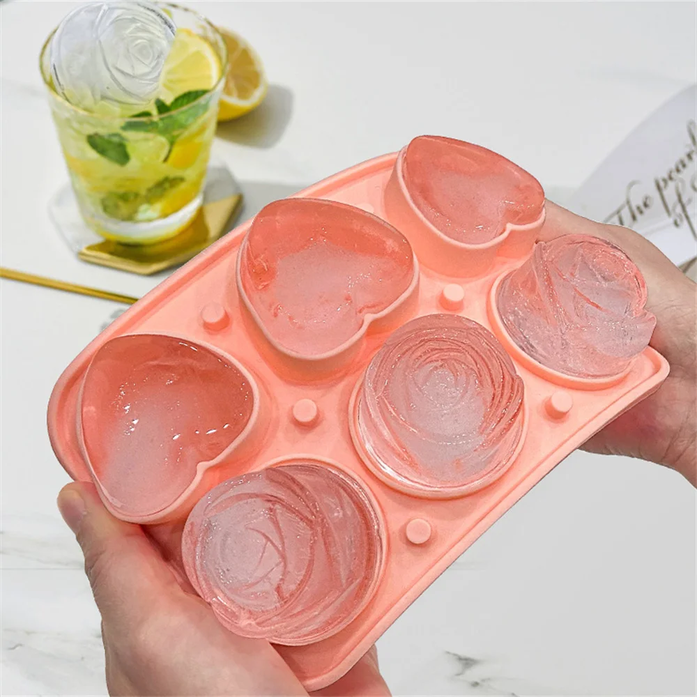 

6 Grids Rose Ice Cube Mould with Lid Heart Silicone Ice Hockey DIY Ice Making for Whiskey Cocktail Juice Party Ice Ball Maker