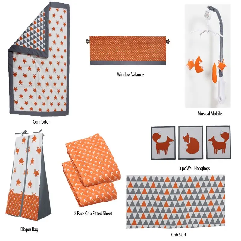 

Contemporary 200 10 Piece, Crib with Comforter, Sheets, Crib Skirt, Mobile, Diaper Stacker, Wall Hangings, Window Valance