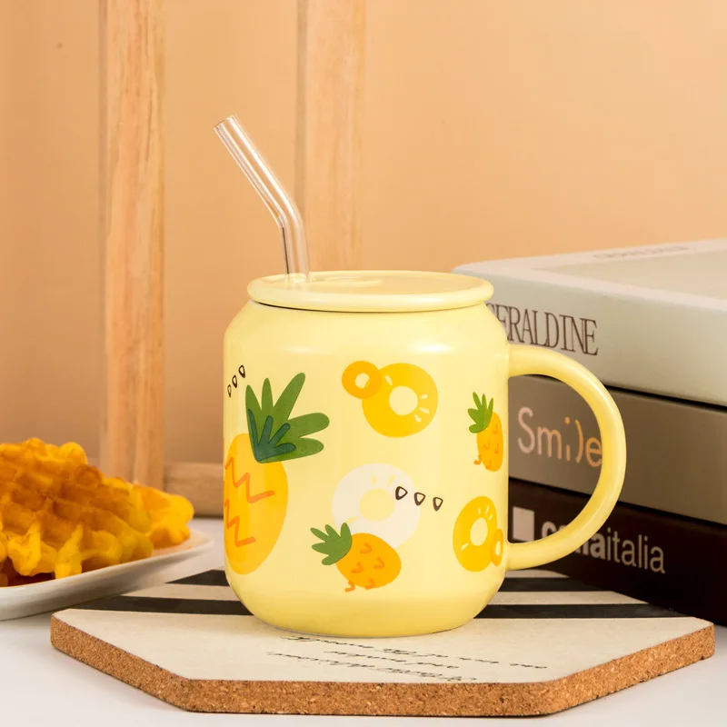 

400ML Glass Straw Mug Cute Girl Student Fruit Juice Cup Adult with Lid Household Ceramic Beer Type Mug