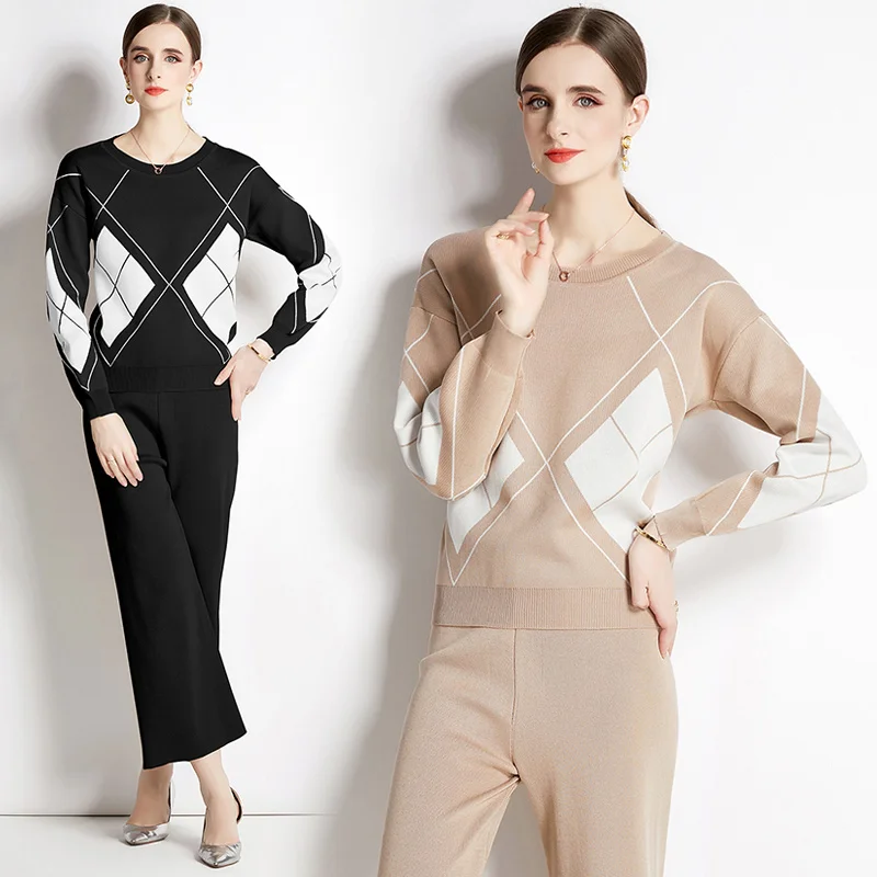 

Осенне-зимний женский элегантный свитер, вязаный комплект из двух предметов, пуловер + брюки, женский костюм