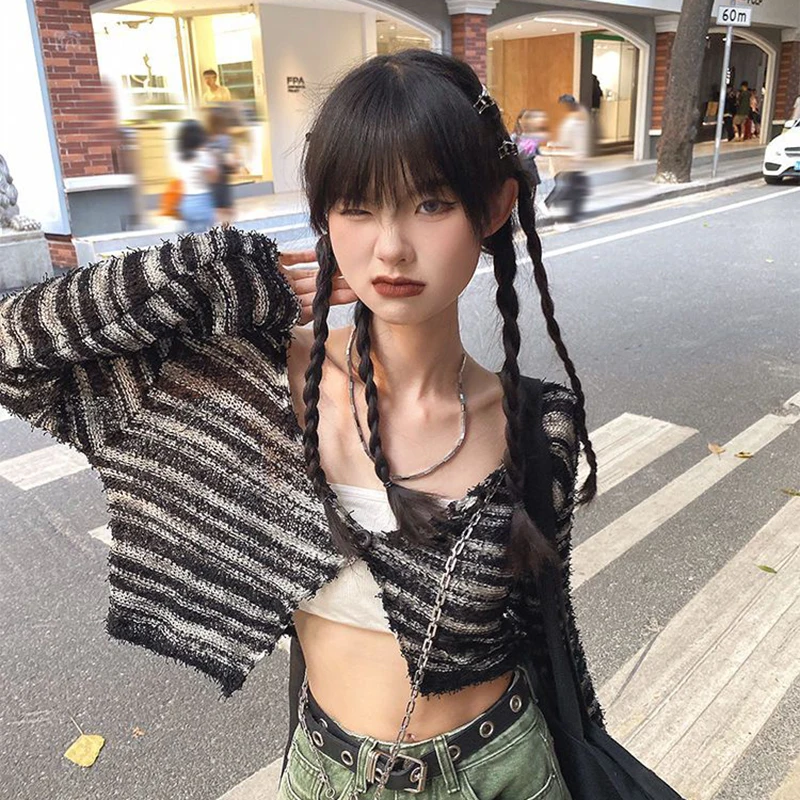 

Hdspq Y2K Striped Knitted Cardigans Women 2023 Autumn Slim Fit V-Neck Crop Tops Woman Single Button Long Sleeve Cardigan Coats