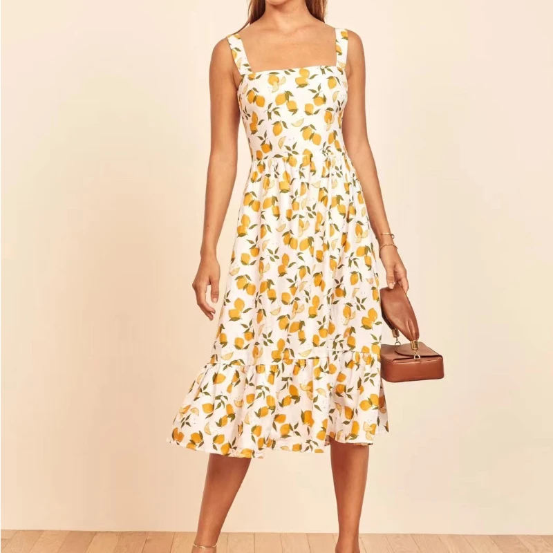 2023 Summer Top Quality Women Fashion Linen Beach Style Floral Print  Flounced Edge Square Collar Camisole Mini Dress