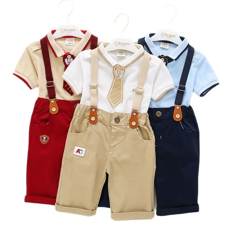 

Одежда для маленьких мальчиков летний костюм джентльмена из 2 предметов: рубашка с короткими рукавами и галстуком-бабочкой + Комбинезон хло...