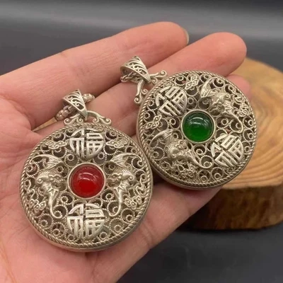 

Antique Miao Silver Hollow Out Dragon Phoenix Auspicious Red Agate Necklace Pendant
