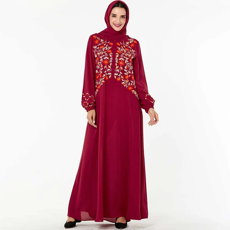 

Fashion Muslim Embroidered Casual Long Sleeve Dress Middle Eastern Arab Women's Elegant Abaya (Headscarf Excluded)