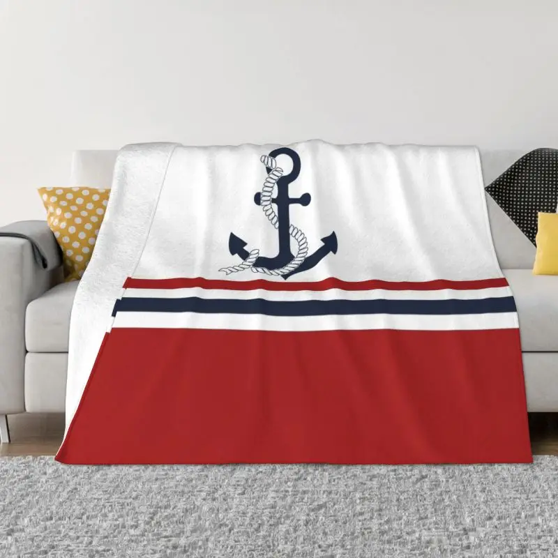 

Nautical Blue Anchors With Stripes Blankets Breathable Soft Flannel Summer Sailing Sailor Throw Blanket for Couch Car Bedding