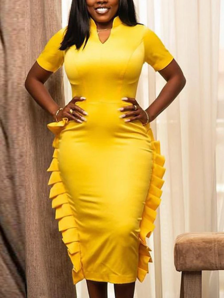 

Women Bodycon Dress Short Sleeve High Waist V Neck Ruffles Office Lady Classy Work Wear Evening Party Robe Big Size Summer New
