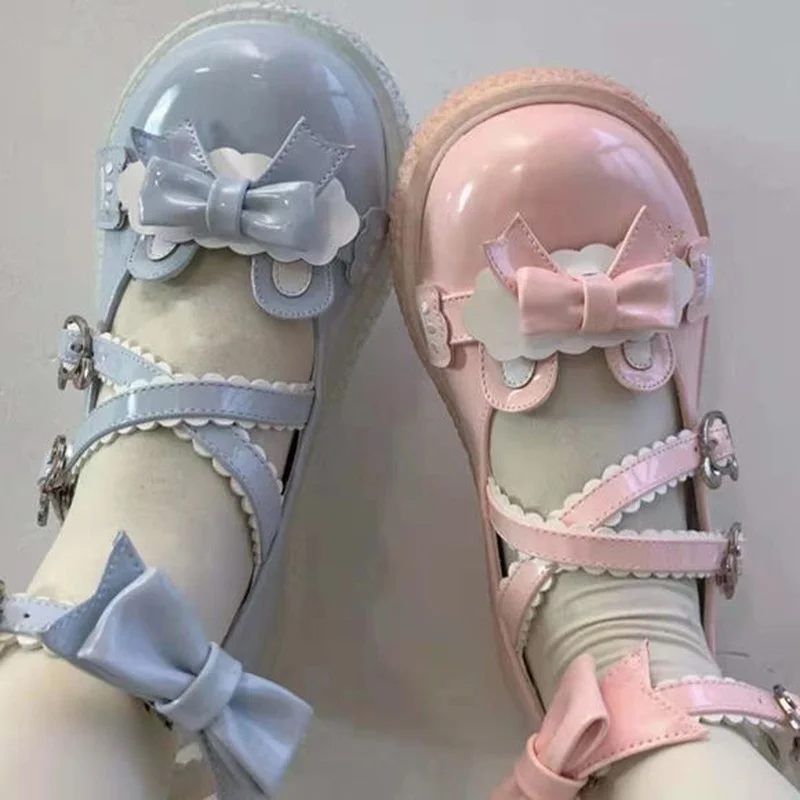 

TULX Bear Buckle Women Lolita Shoes Japanese Style Patchwork Bow Zapatillas Mujer Fashion Girls Mix Color Lace Mary Janes