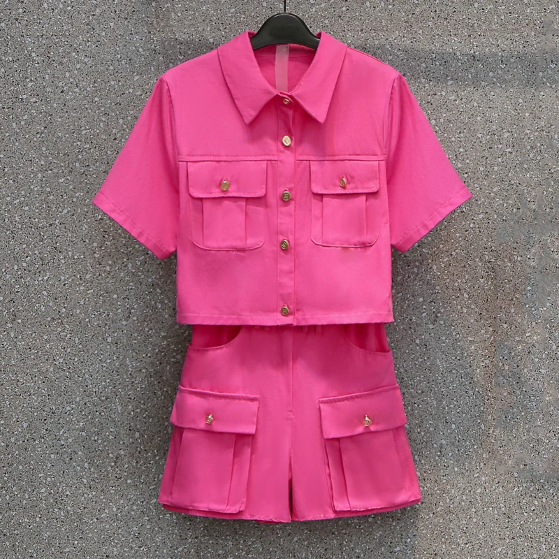 

Two Piece Set Women Fashion Shorts Sets Vintage Single _Breasted Short Sleeve Crop Top And High Waist Loose Mini Shorts Suits